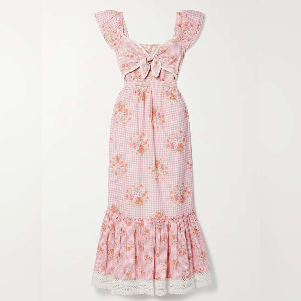 Loveshackfancy Strapless Pink Gingham Floral Dress - image 3
